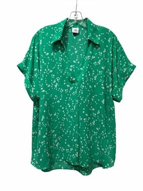 Cabi Large Replay Top Green and White Floral #6082 Cuffed Sleeve Blouse B7